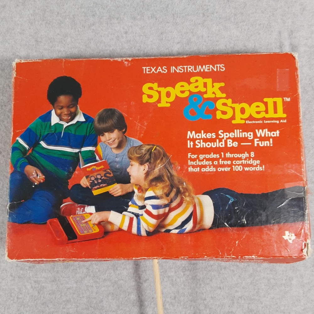 VTG 1984 Texas Instruments Speak & Spell with Super Stumpers Cartridge Box Works